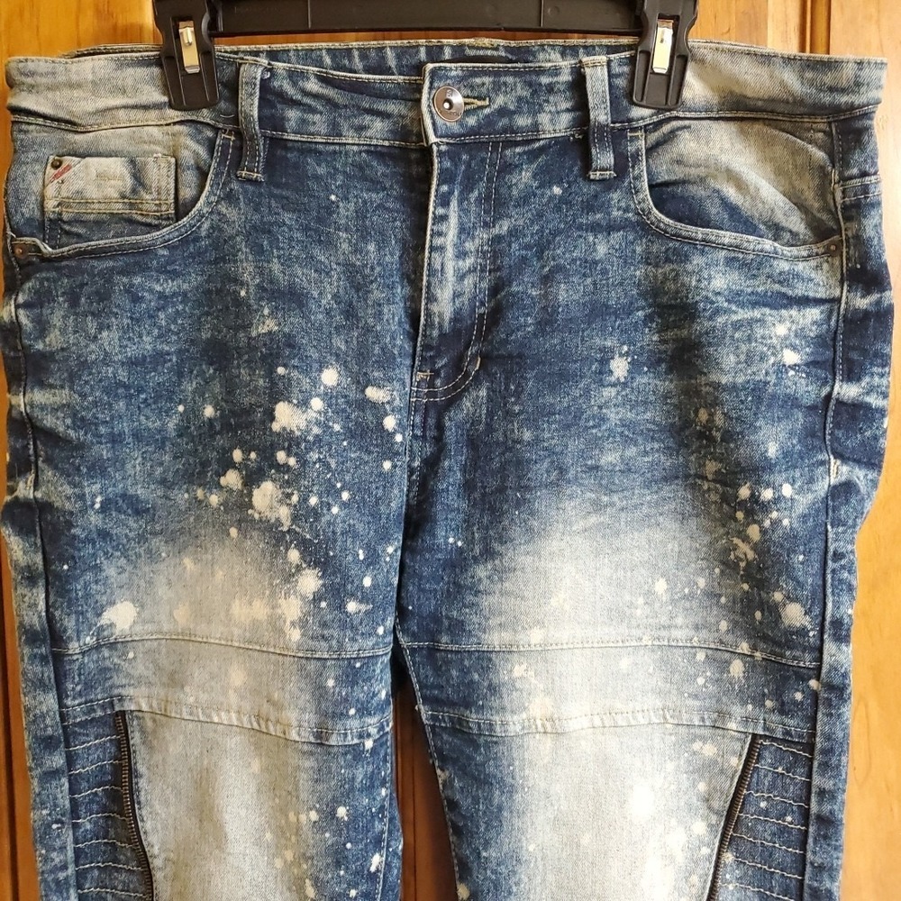 Southpole 36 Moto Biker Jeans Mens Blue Acid Wash Paint Splatter Slim‎ Fit Denim